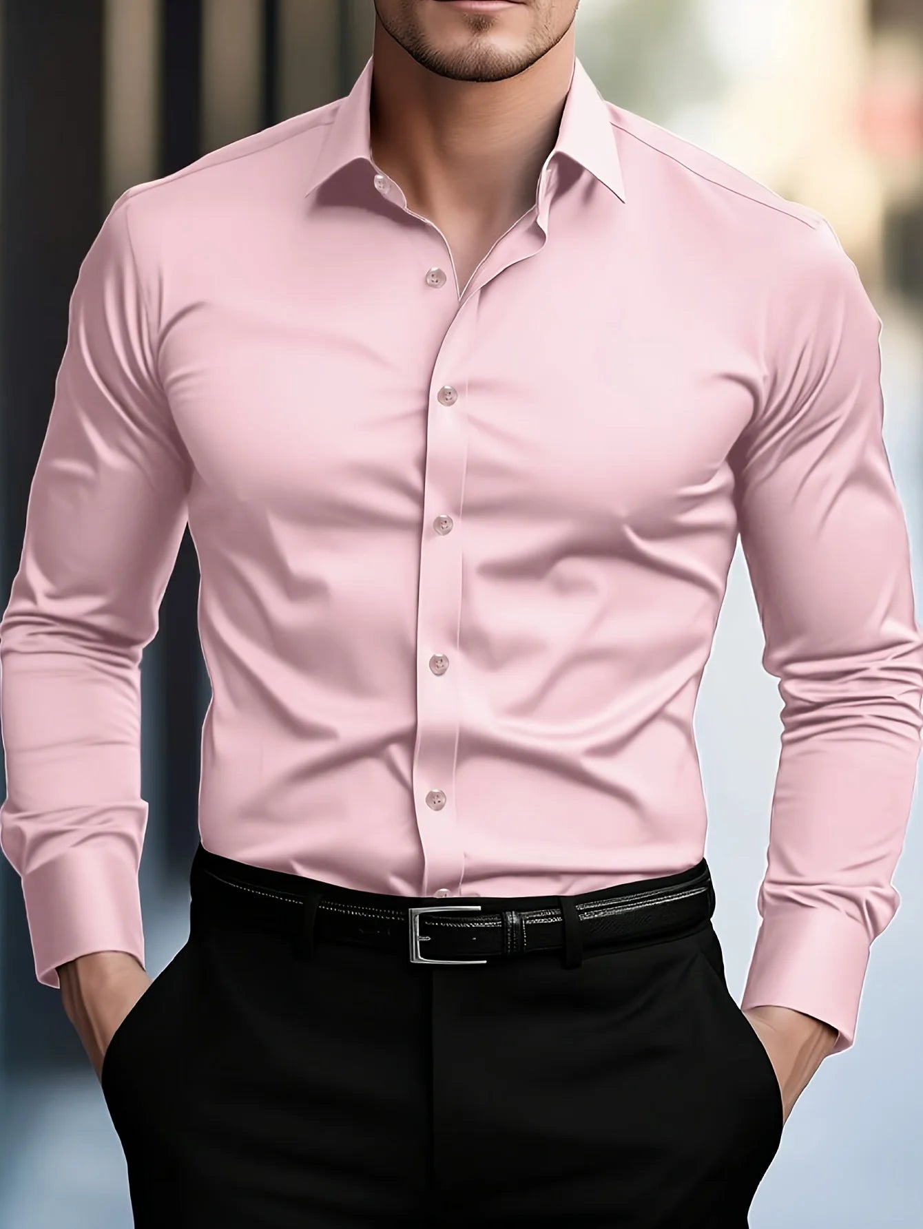 Elastic Fabric Long Sleeve Solid Shirt