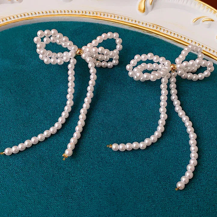 Women's White Bowknot Pearl Tassel Dangle Earrings