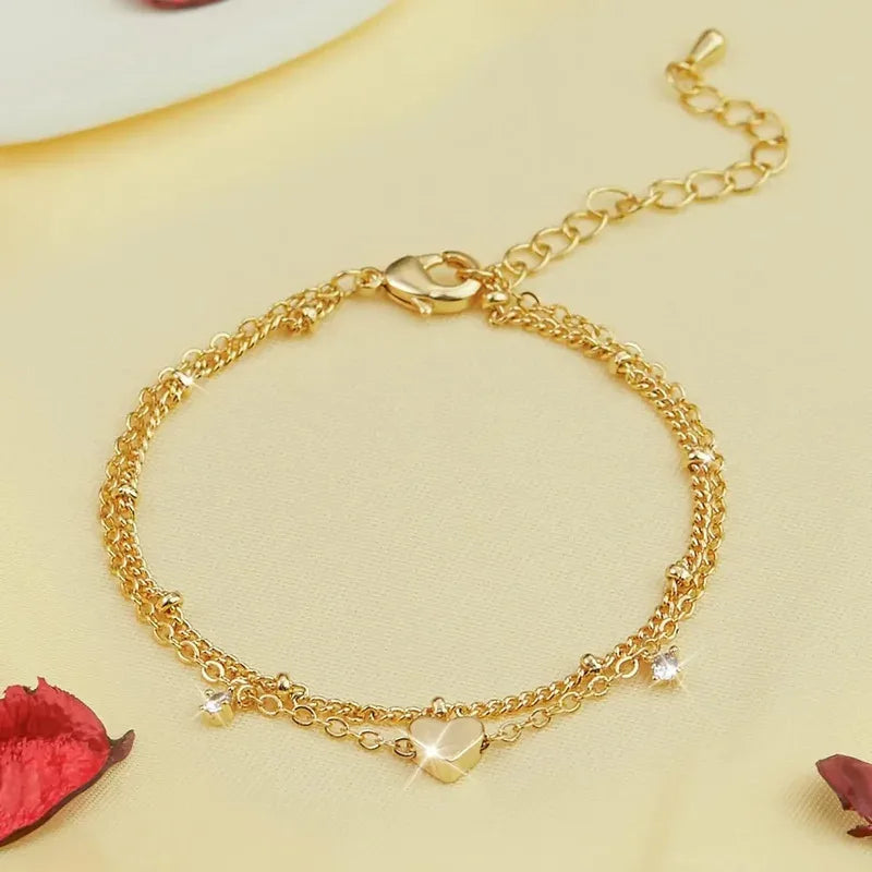 Dainty Layered Silver Anklet with Heart Charm - Elegant CZ Bracelet for Women, Waterproof & Trendy Gift