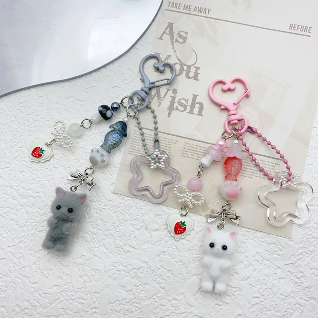 Cute Flocked Kitten Keychain with Five-Pointed Star Cat Paw Love Mobile Phone Chain Lanyard Pendant for Earphones & Cameras