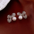 Women's White Bowknot Pearl Tassel Dangle Earrings