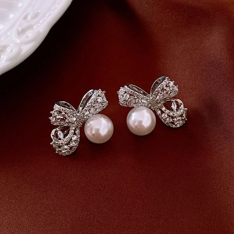 Women's White Bowknot Pearl Tassel Dangle Earrings