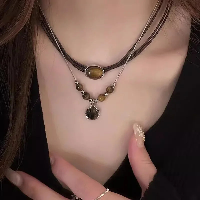 Women's Vintage Leather Brown Stone Pendant Choker Necklace