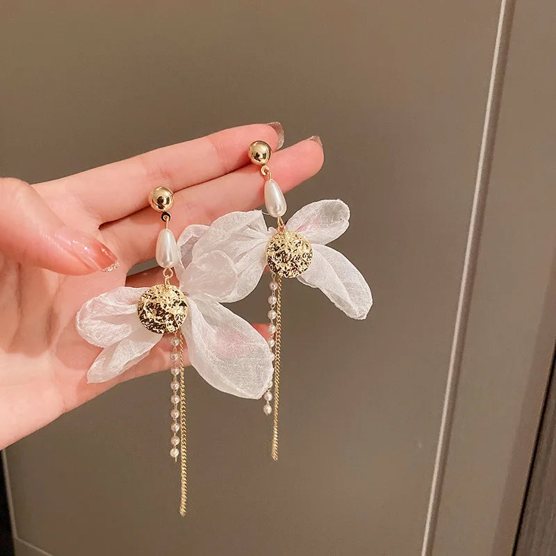 Women's White Bowknot Pearl Tassel Dangle Earrings