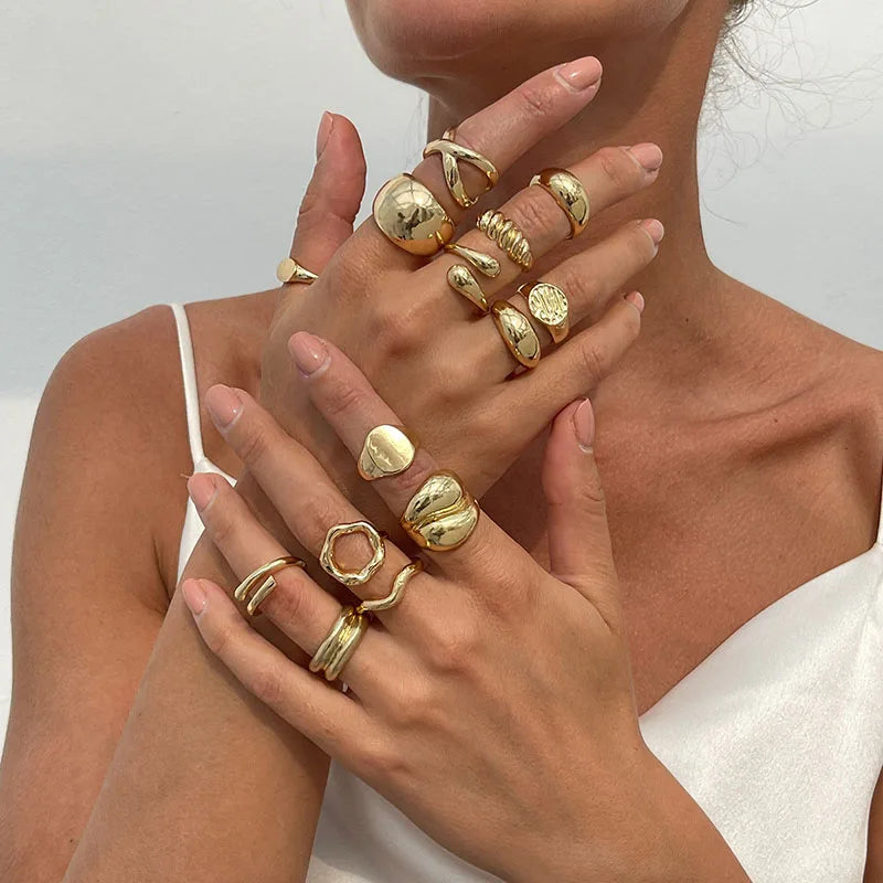 Fashion Vintage Metal Rings For Women Gift Punk Hip Hop Gold Silver Color Irregular Knuckle Joint Ring 14pcs/set