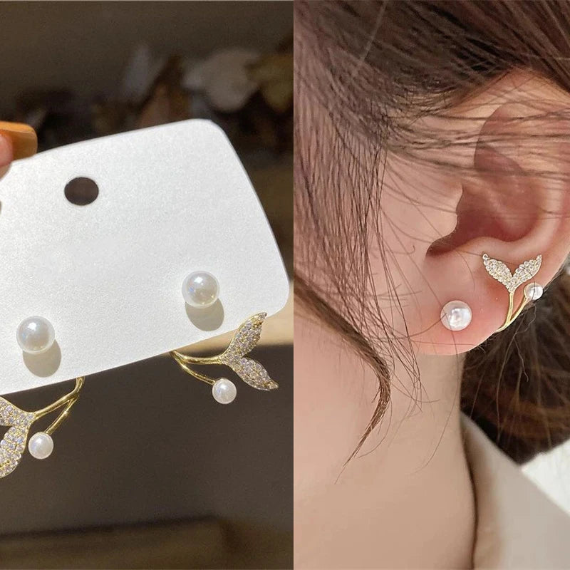 New Trendy Moon Dangle Earrings For Women Temperament Pearl Cherry Cat Rhinestone Pendant Earring Girl Party Jewelry Gift