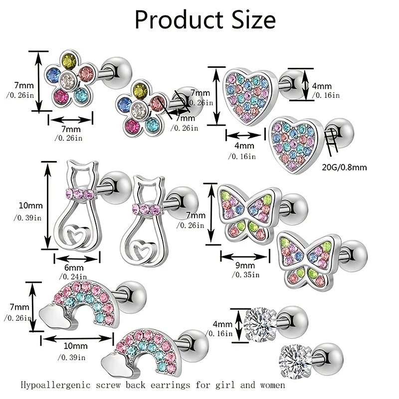 Women's Hypoallergenic CZ Screw Back Stud Earrings Set (6 Pairs)