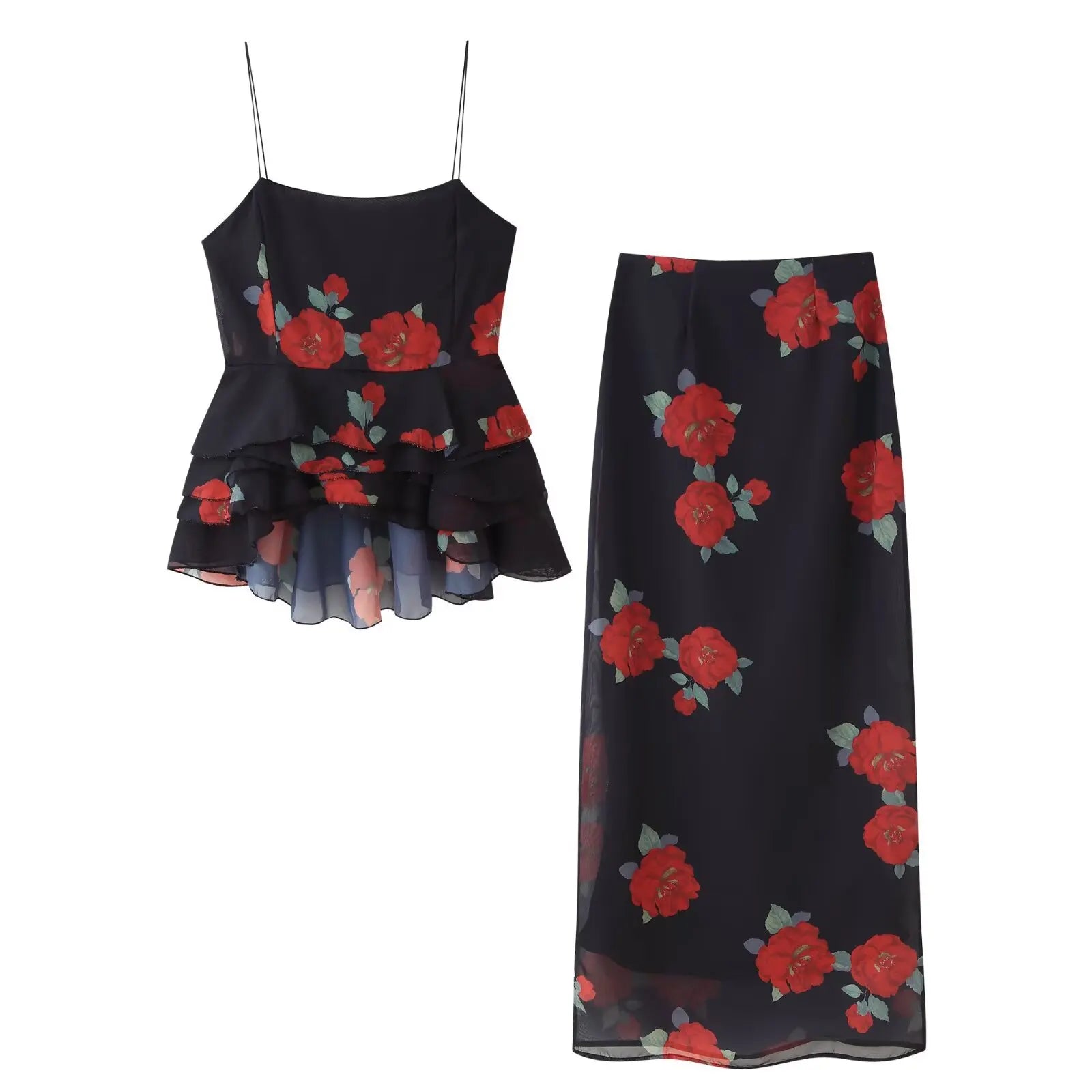 Floral Suspender Top & Midi Skirt Set