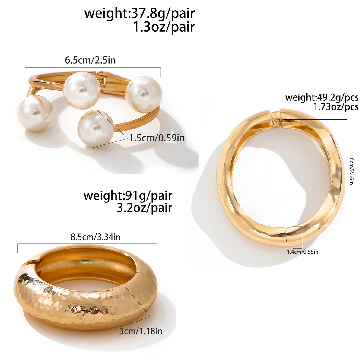 3 Styles Creative Big Imitation Pearl Cuff Bracelet Trendy Punk Heavy Metal Chunky Spring Bangle for Women Men Steampunk Fashion