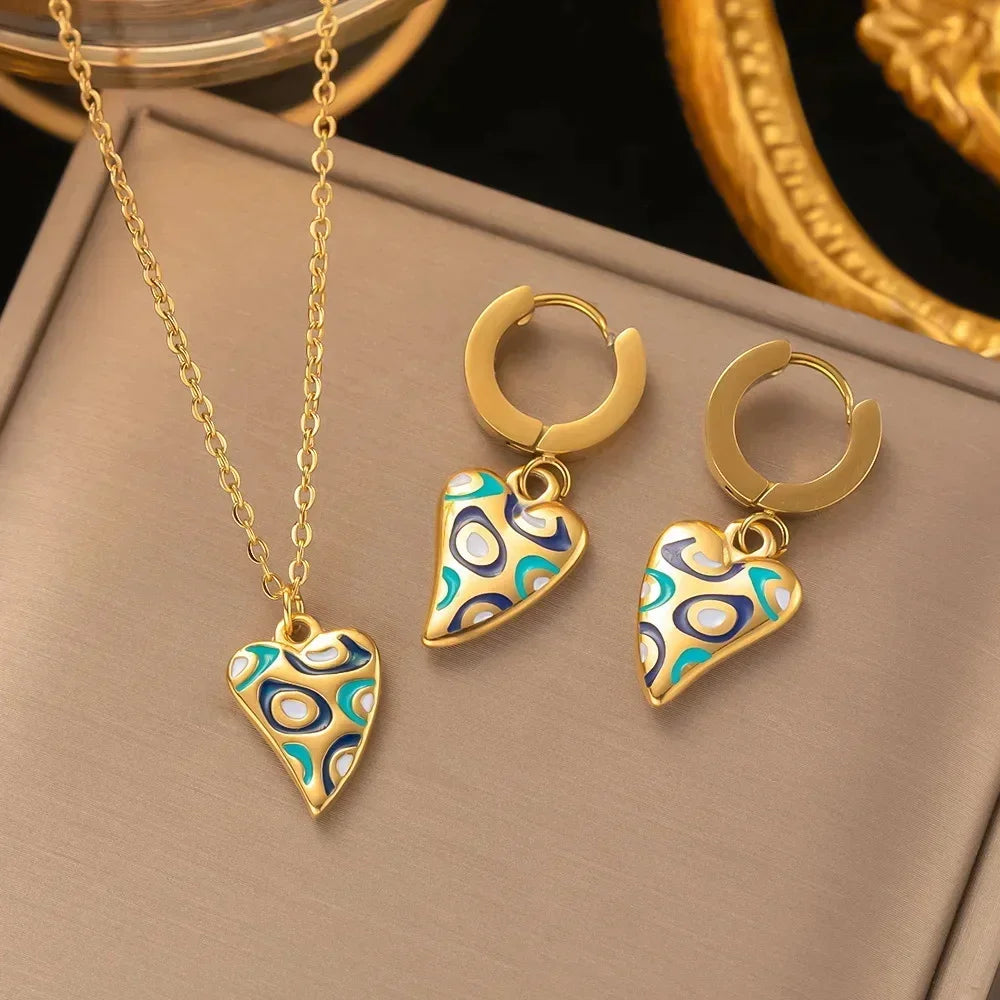 2 PCS Set Hear/Round Epoxy Earring Necklace Set Gold Color Metal Colorful Epoxy Women‘s Daily Wear Jewelry Valentines Gifts