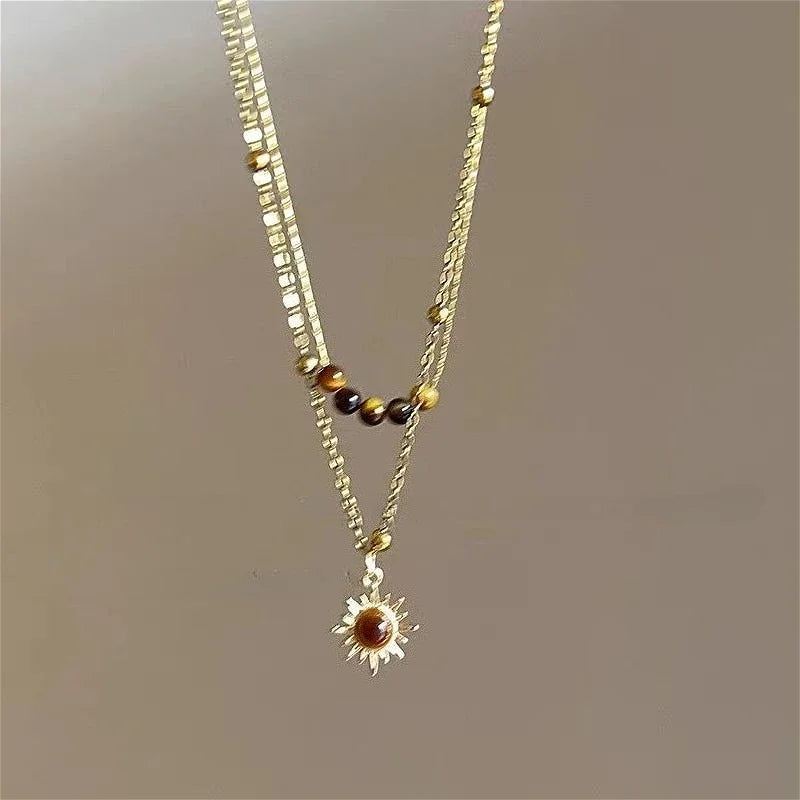 Women's Vintage Leather Brown Stone Pendant Choker Necklace