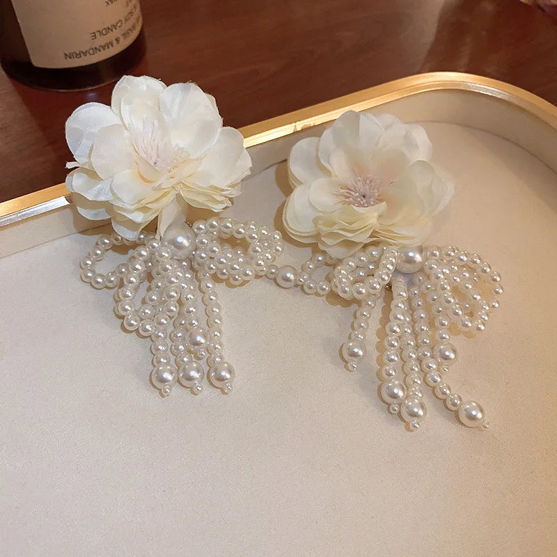 Women's White Bowknot Pearl Tassel Dangle Earrings
