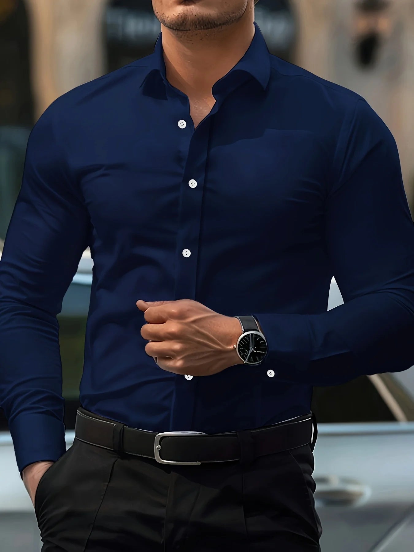 Elastic Fabric Long Sleeve Solid Shirt