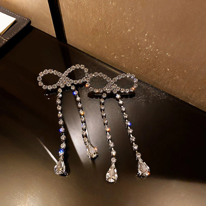 Women's White Bowknot Pearl Tassel Dangle Earrings