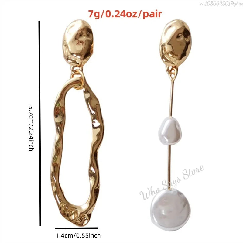 New Elegant Asymmetric Earring Freshwater Pearl Metallic Exaggerated Long Stud Earring Ladies and Girls Party Jewelry Gifts