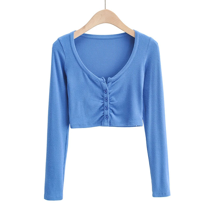 Long Sleeve Button Crop Top