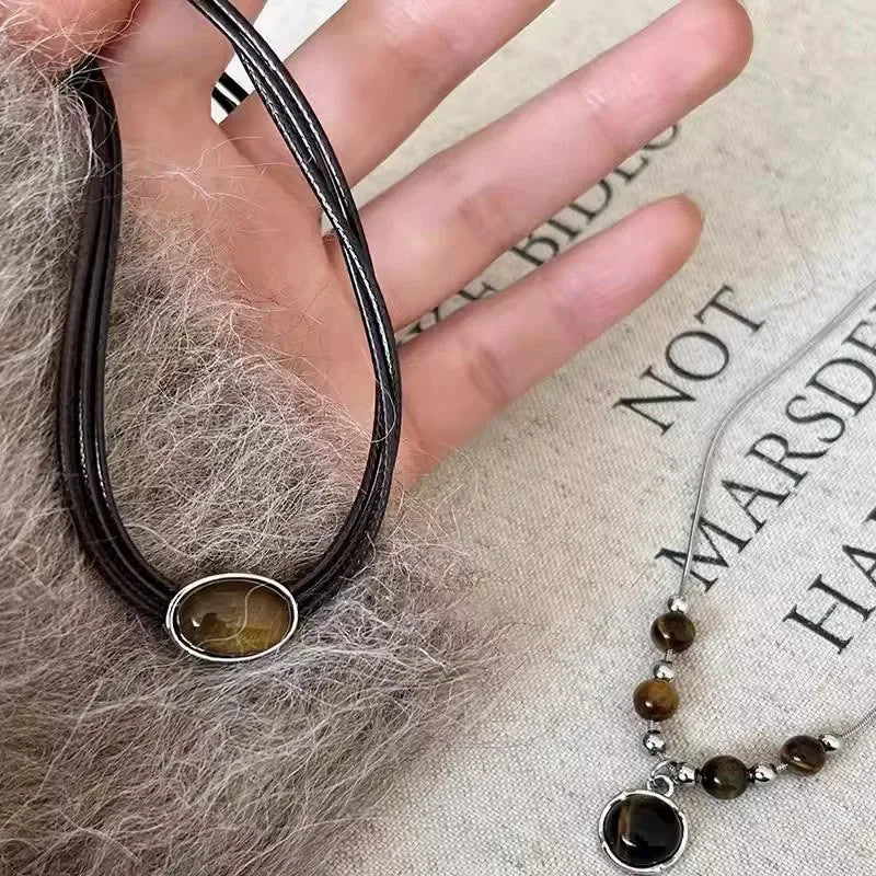 Women's Vintage Leather Brown Stone Pendant Choker Necklace