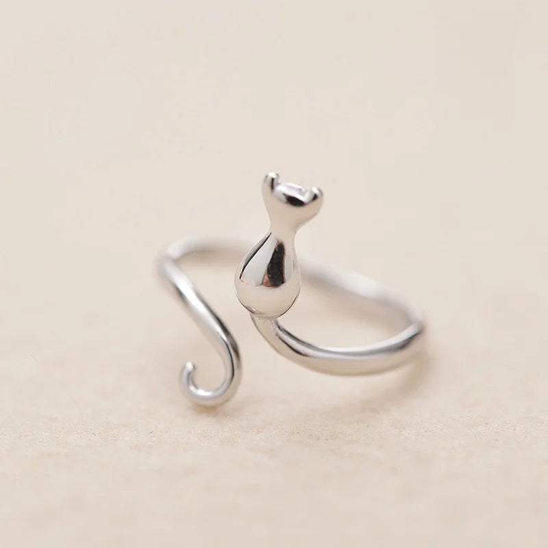 Simple Cute Cat Shaped Open Ring Chic Silver Color Adjustable Ring For Women Lovely Daily Wear Jewelry