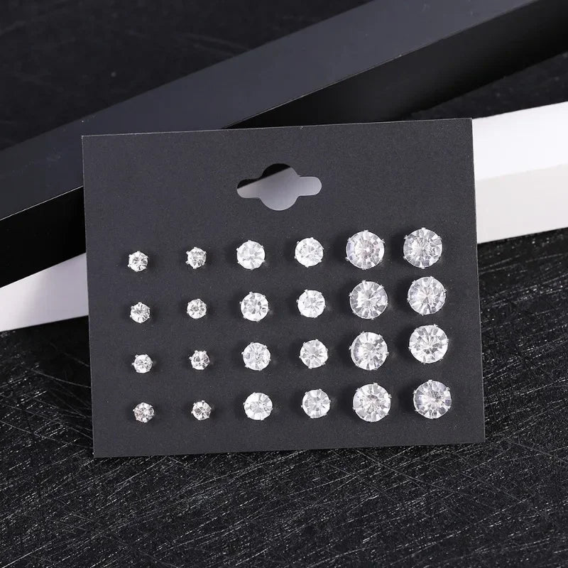 12-Pair White Crystal Wedding Stud Earrings Set