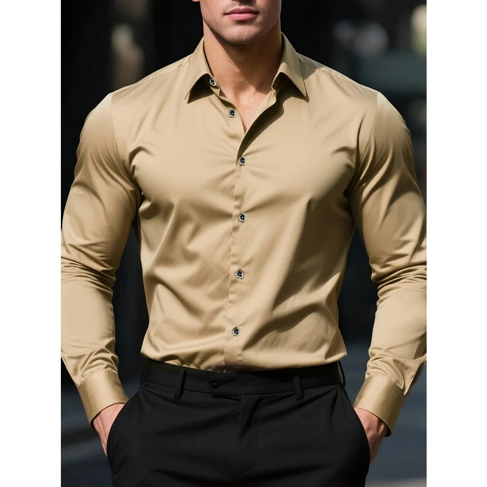 Elastic Fabric Long Sleeve Solid Shirt