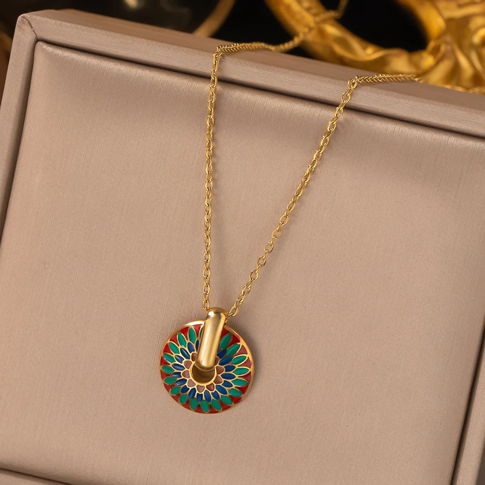 2 PCS Set Hear/Round Epoxy Earring Necklace Set Gold Color Metal Colorful Epoxy Women‘s Daily Wear Jewelry Valentines Gifts
