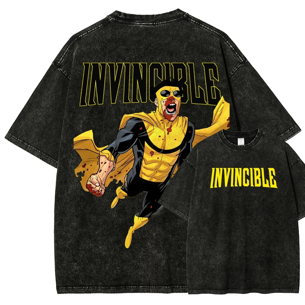 Invincible Anime Lover Washed T-shirt Year round clothing personality Clothes Plus Size Unisex New Model Couples high quality