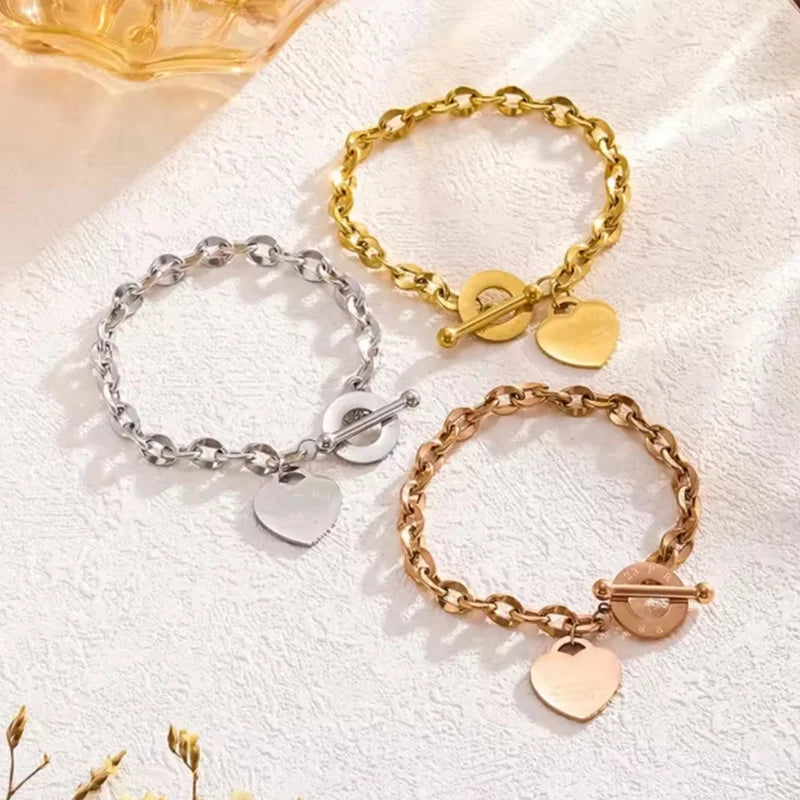 Double Heart OT Buckle Stainless Steel Couple Bracelet