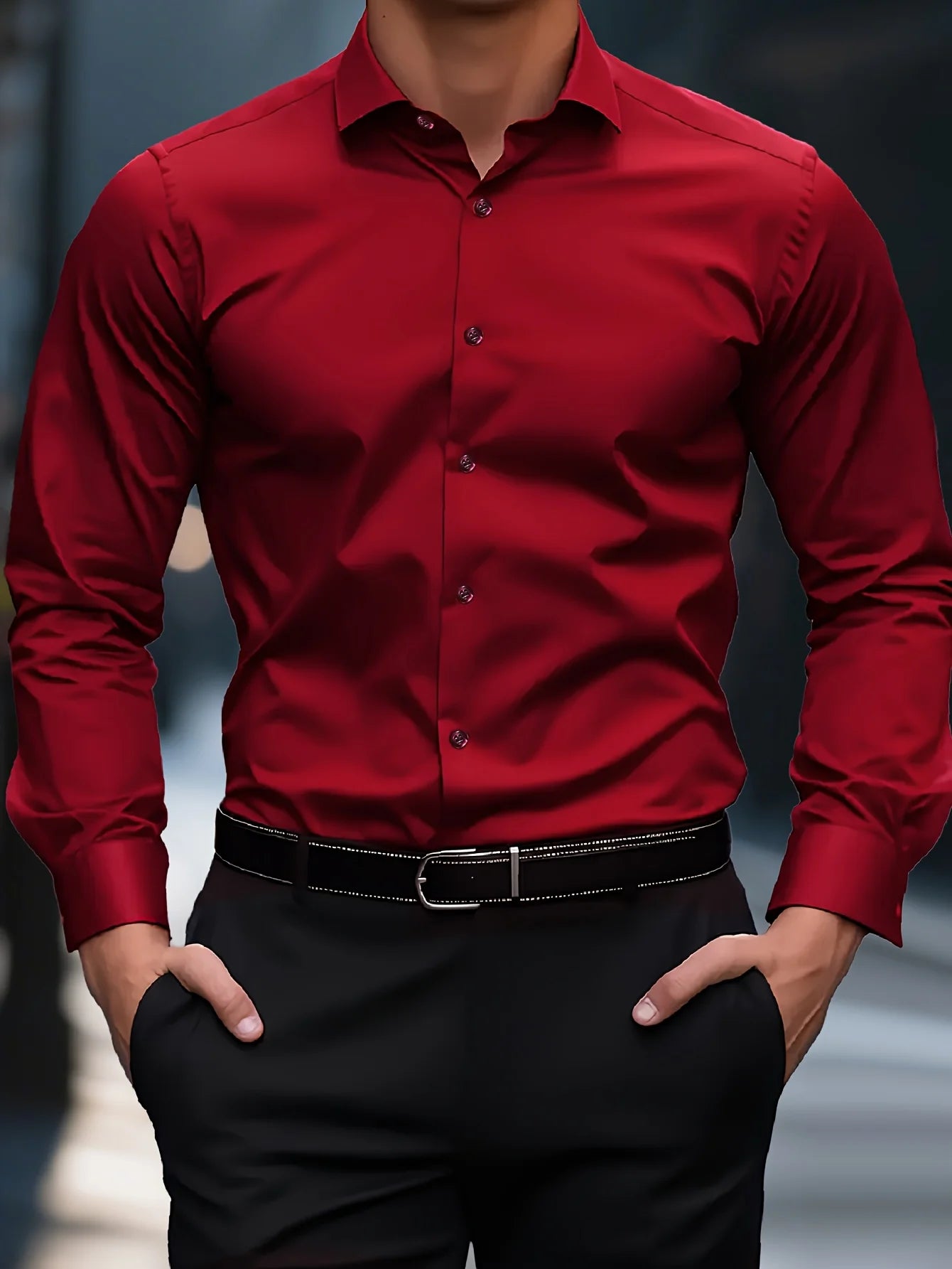 Elastic Fabric Long Sleeve Solid Shirt