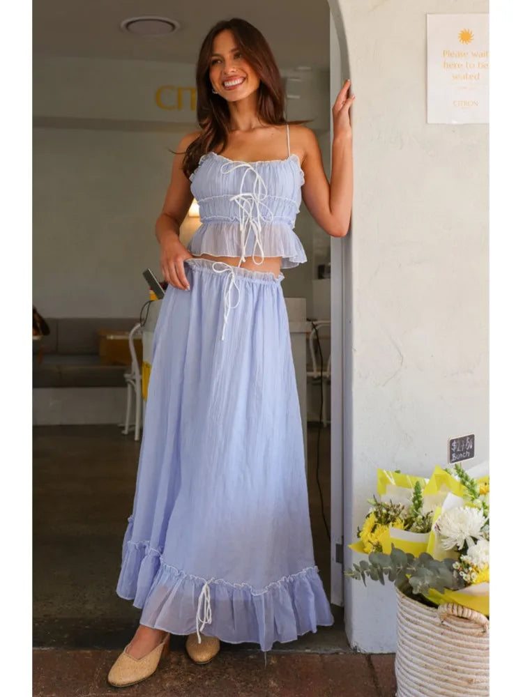 Bow Pleated Halter Top & Skirt Set