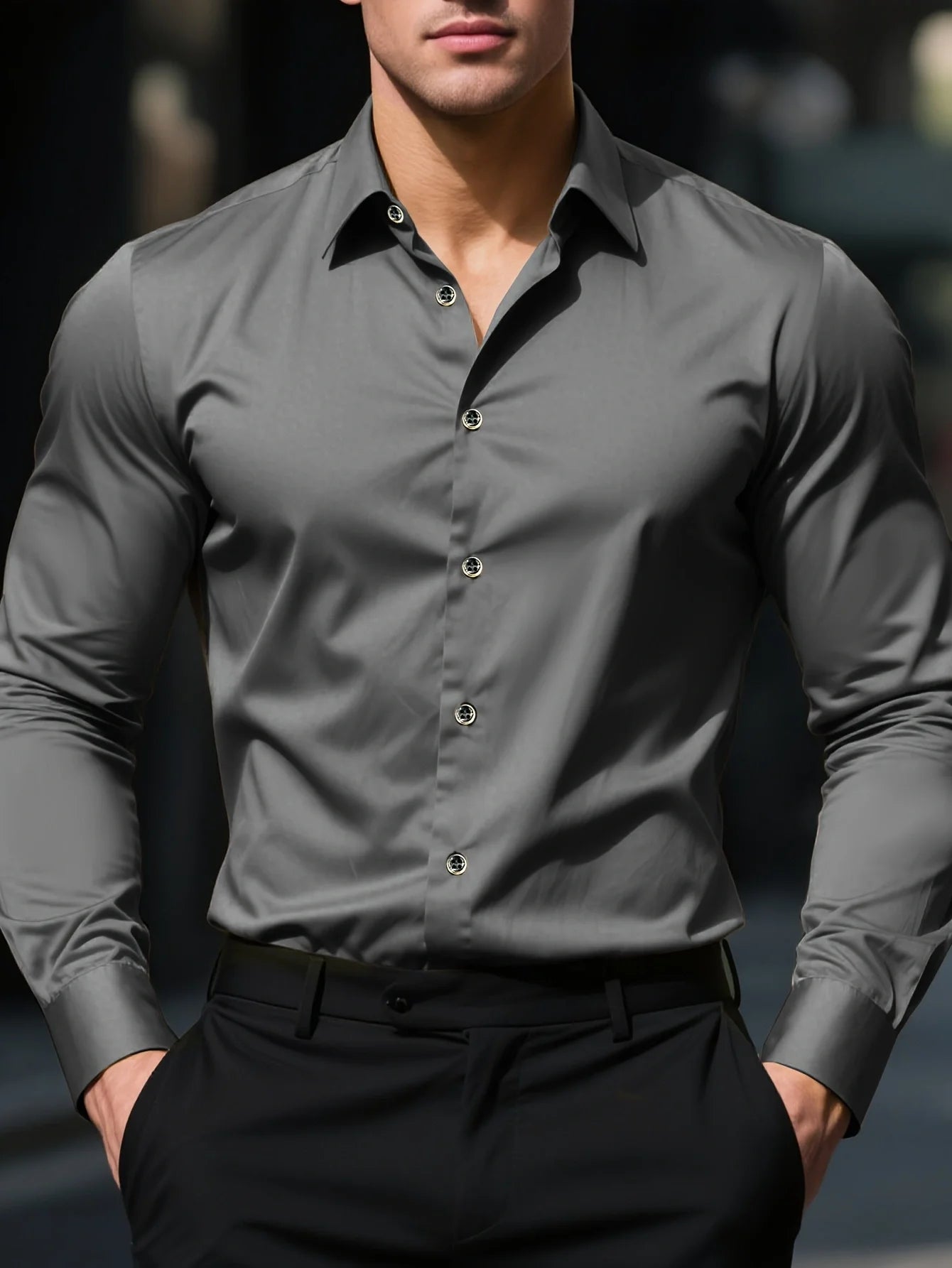 Elastic Fabric Long Sleeve Solid Shirt