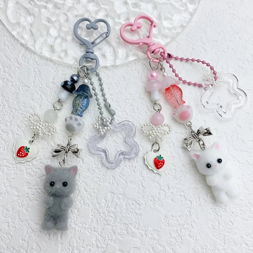 Cute Flocked Kitten Keychain with Five-Pointed Star Cat Paw Love Mobile Phone Chain Lanyard Pendant for Earphones & Cameras