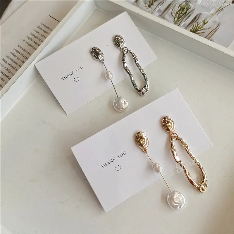 New Elegant Asymmetric Earring Freshwater Pearl Metallic Exaggerated Long Stud Earring Ladies and Girls Party Jewelry Gifts