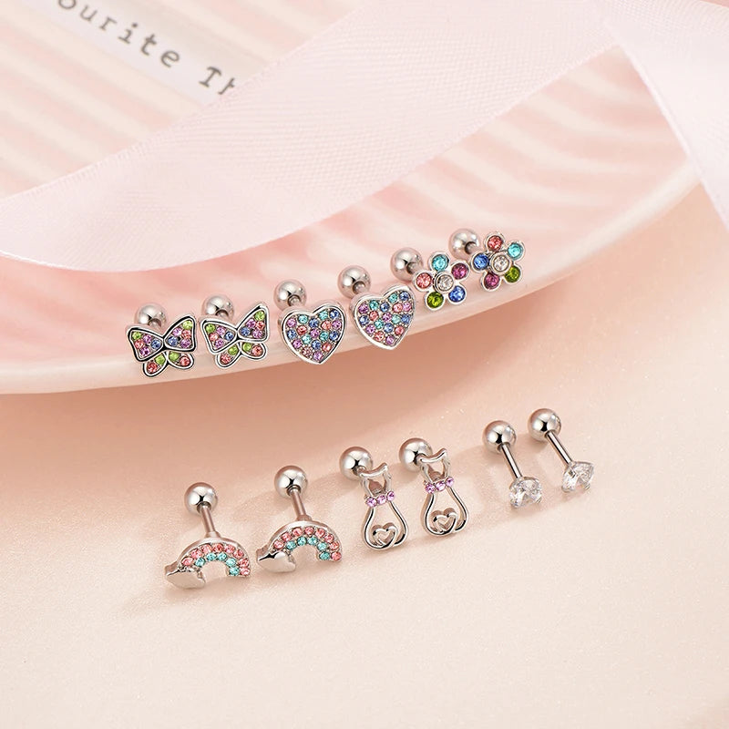 Women's Hypoallergenic CZ Screw Back Stud Earrings Set (6 Pairs)