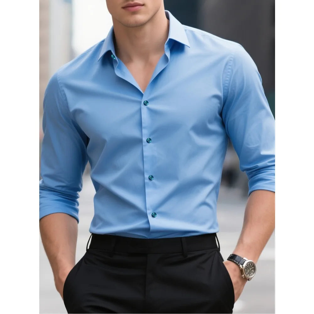 Elastic Fabric Long Sleeve Solid Shirt
