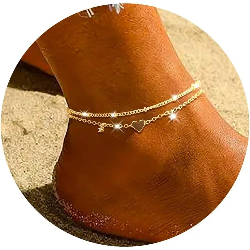Dainty Layered Silver Anklet with Heart Charm - Elegant CZ Bracelet for Women, Waterproof & Trendy Gift