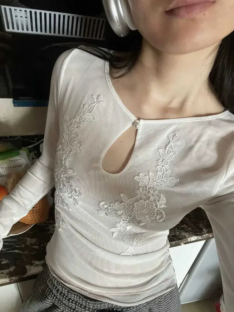 Floral Embroidery Mesh Crop Top