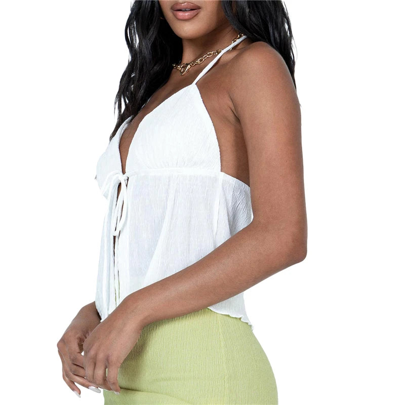 Bowknot Lace-Up Halter Crop Top