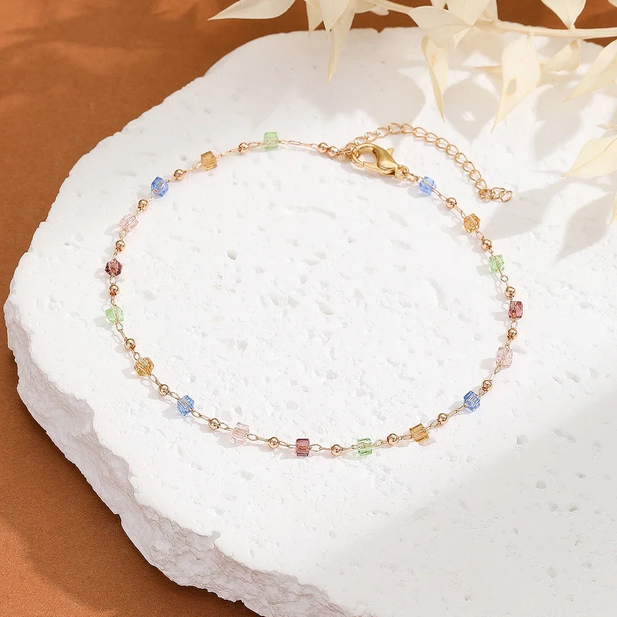 Kinitial Sweet Colorful Crystal Anklets For Women Link Chain Boho Foot Chain Barefoot Ankle Bracelet Jewelry