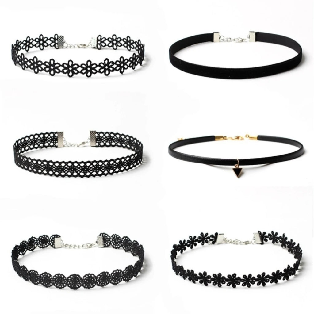 6 Pcs Set Black Simple Fashion Gothic Floral Shape Lace Alloy Choker Necklace Women Party Outfit Jewelry