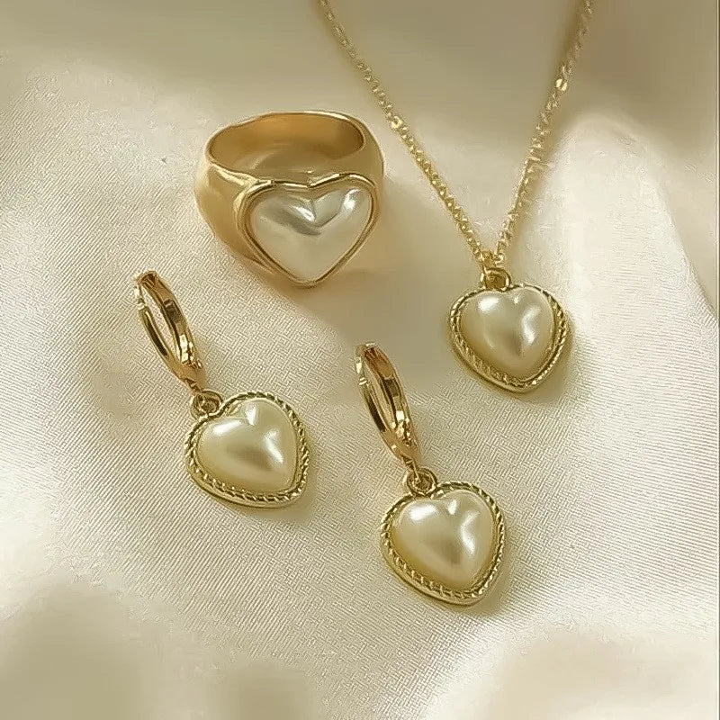LATS 3 Pcs/Set Round Pearl Pendant Necklace For Women Exquisite Fashion Rhinestone Double  Earring Wedding Jewelry Set Gift