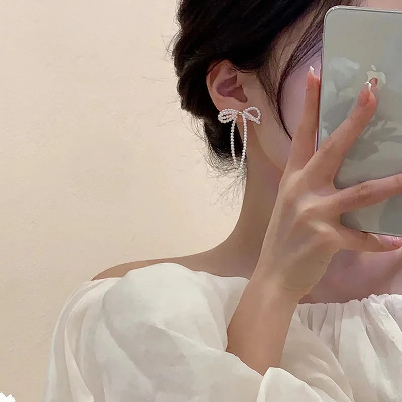 Women's White Bowknot Pearl Tassel Dangle Earrings
