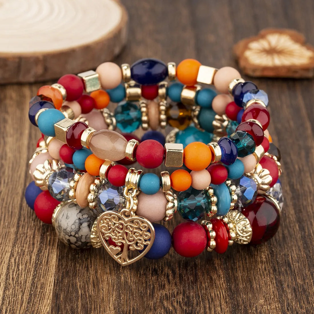 New Acrylic Beads Chain Bracelet Set For Women Tree Of Life Charm Elastic Bangle Female Bohemian Jewelry Accessories