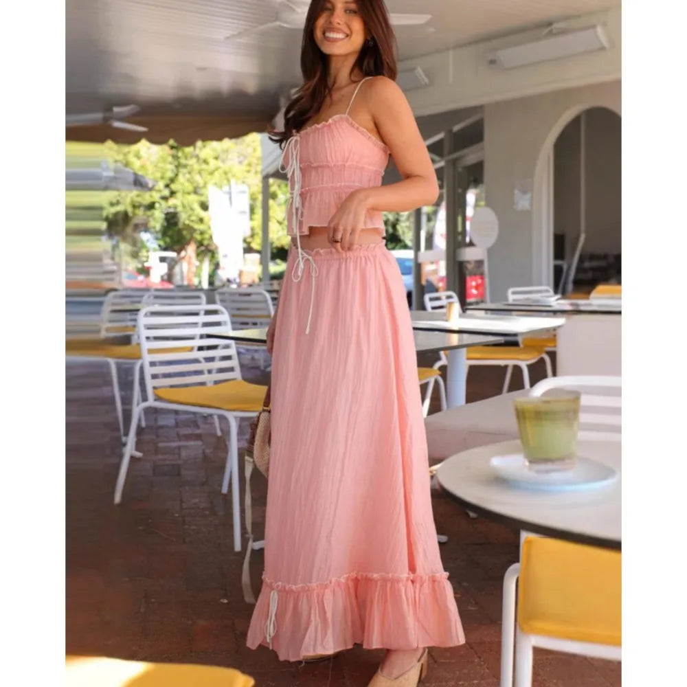 Bow Pleated Halter Top & Skirt Set
