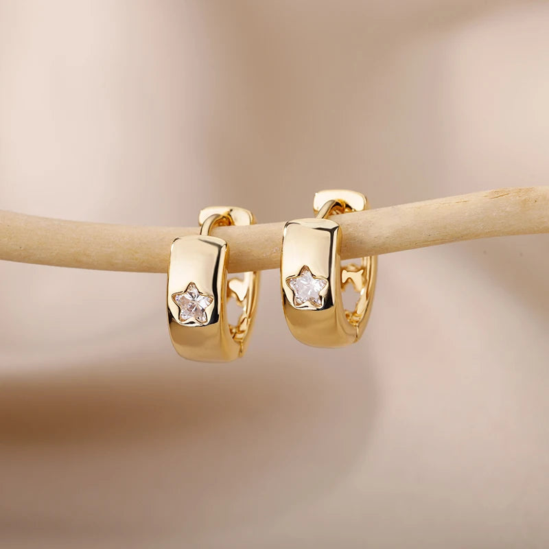 Women's Zircon Star Huggie Hoop Earrings in Gold Stainless Steel