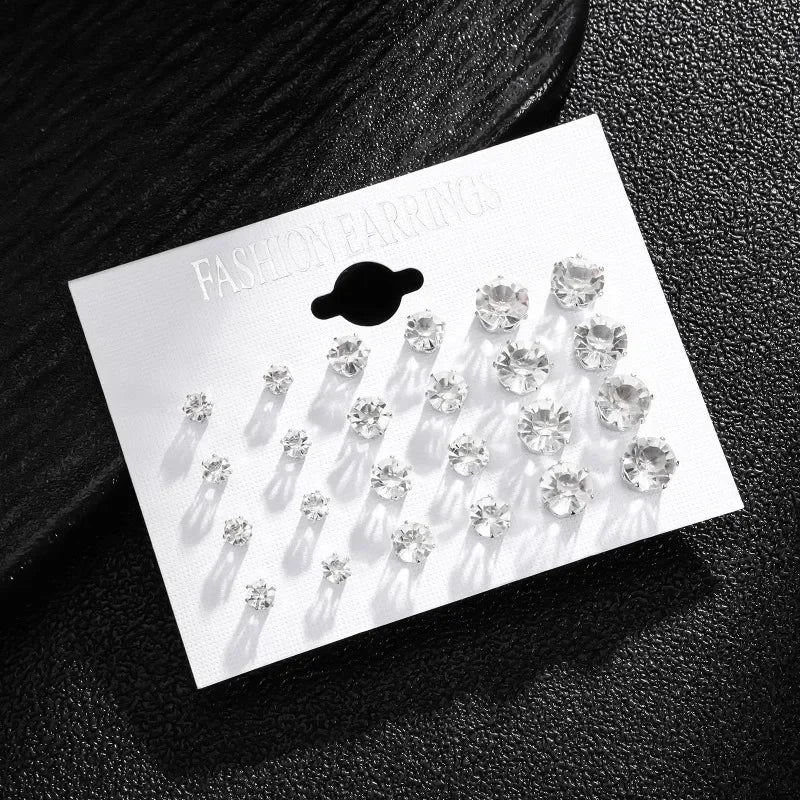 12-Pair White Crystal Wedding Stud Earrings Set