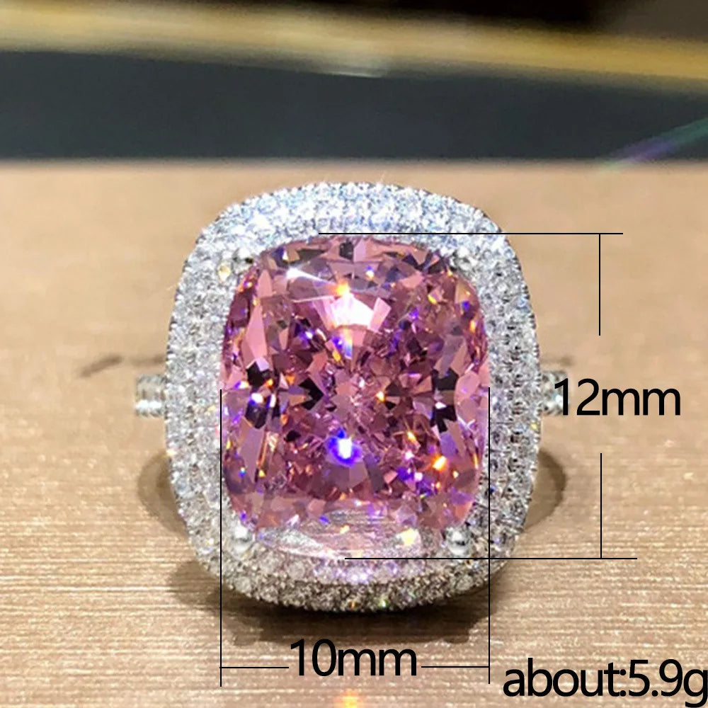 Huitan Personality Big Pink Cubic Zirconia Wedding Rings for Women Romantic Bridal Marriage Ceremony Party Rings Fashion Jewelry