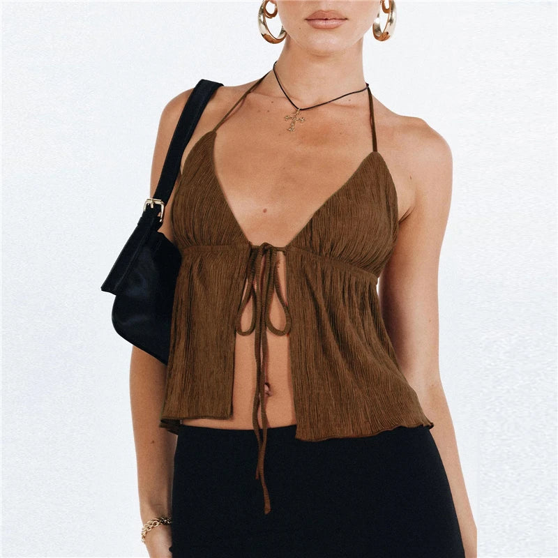 Bowknot Lace-Up Halter Crop Top