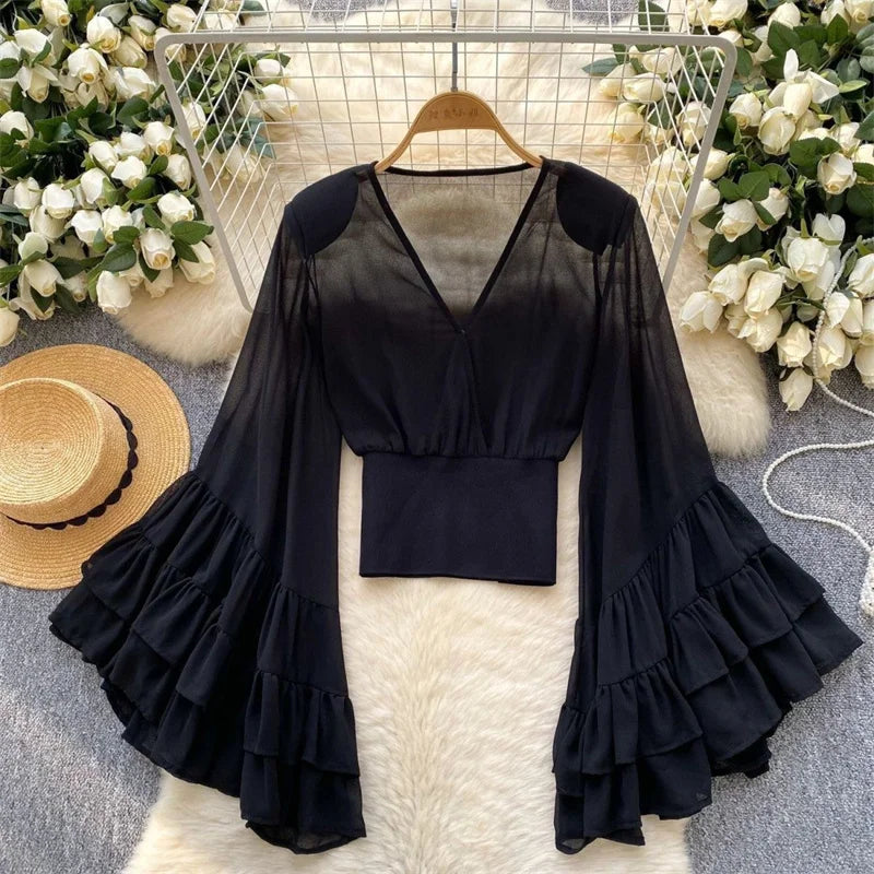 Chiffon Print Flare Sleeve Blouse