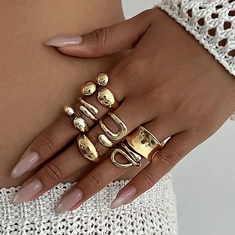 Fashion Vintage Metal Rings For Women Gift Punk Hip Hop Gold Silver Color Irregular Knuckle Joint Ring 14pcs/set