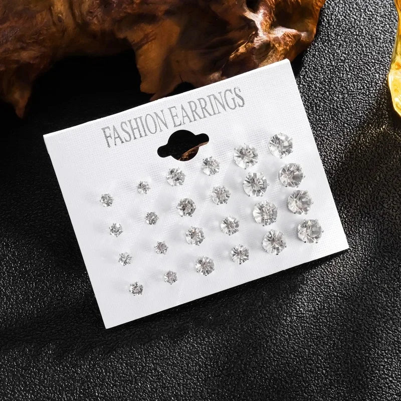 12-Pair White Crystal Wedding Stud Earrings Set